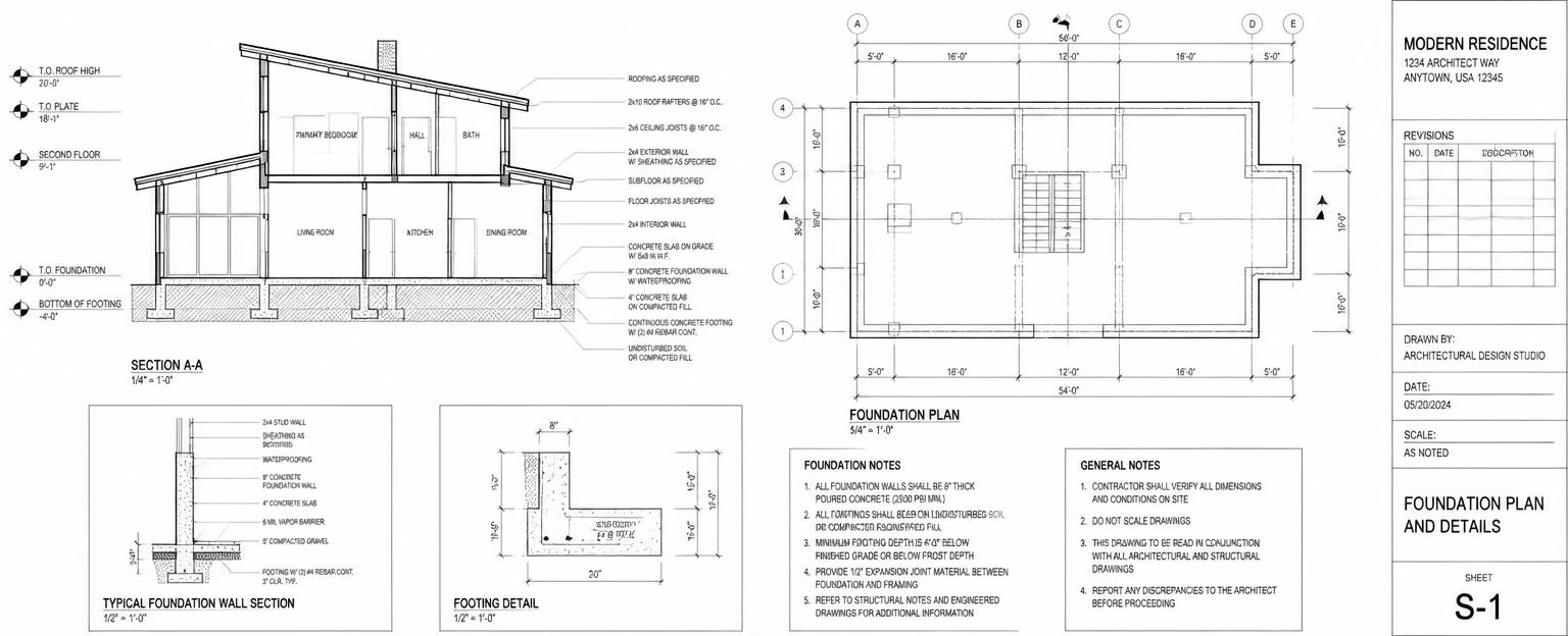 Architectural blueprint showing foundation plan and structural sections