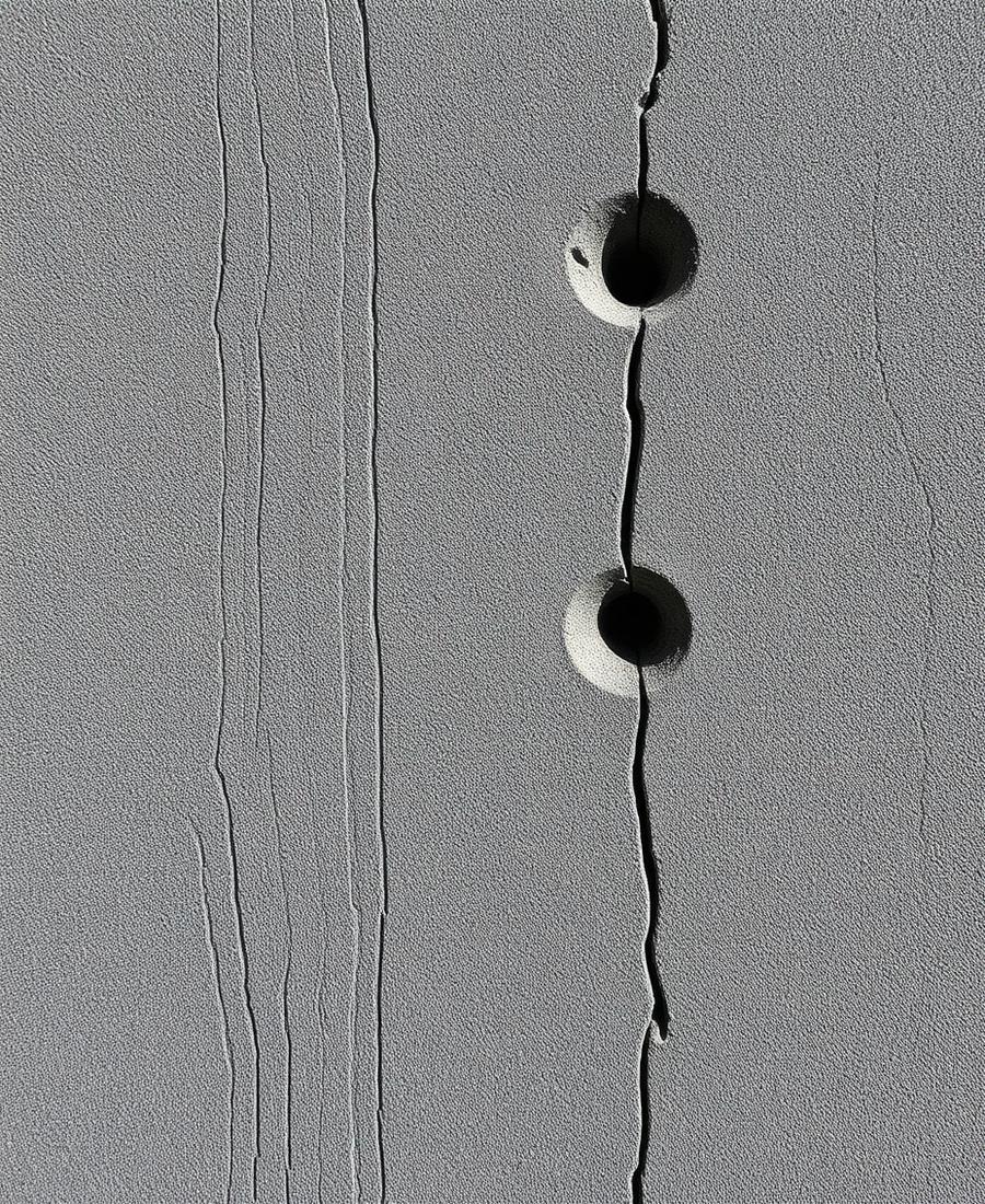 Macro detail of board-formed concrete wall with tie holes and wood grain imprint